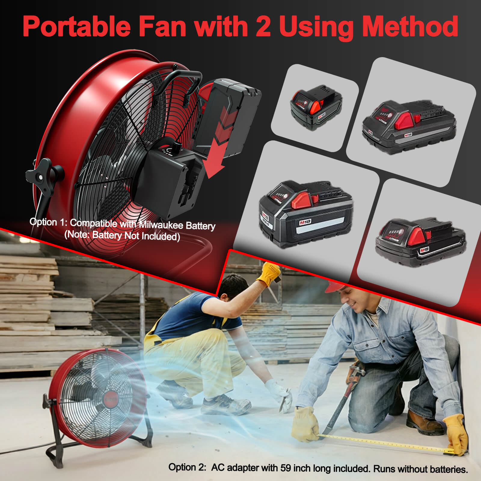 12" Battery Power Floor Fan Compatible with ith AC Adapter and USB Output, Milwaukee Battery-1