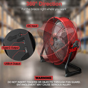 12" Battery Power Floor Fan Compatible with ith AC Adapter and USB Output, Milwaukee Battery -TSUN