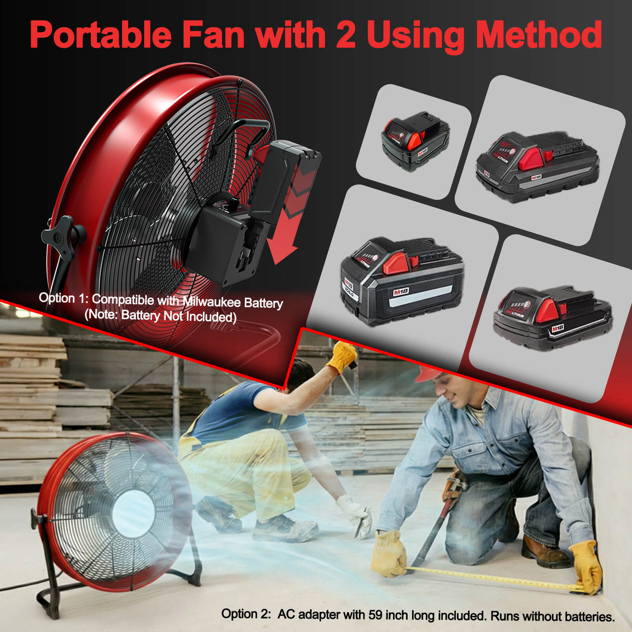 16" Battery Power Floor Fan Compatible with Milwaukee Battery