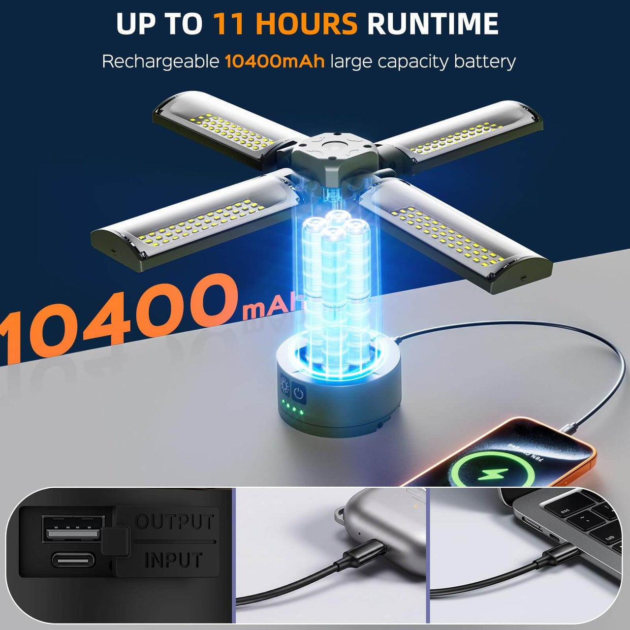 4 LED Lamp Heads Rechargeable Camping Light with Stand 4100 Lumens Portable Work Light with Detachable Tripod 67" Max Height