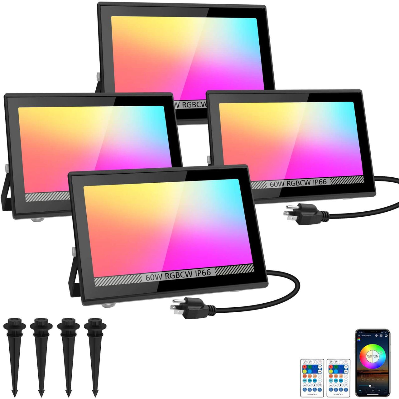 60W RGBCW LED Flood Light Outdoor Waterproof Lanndscape Lighting with Remote & APP Control