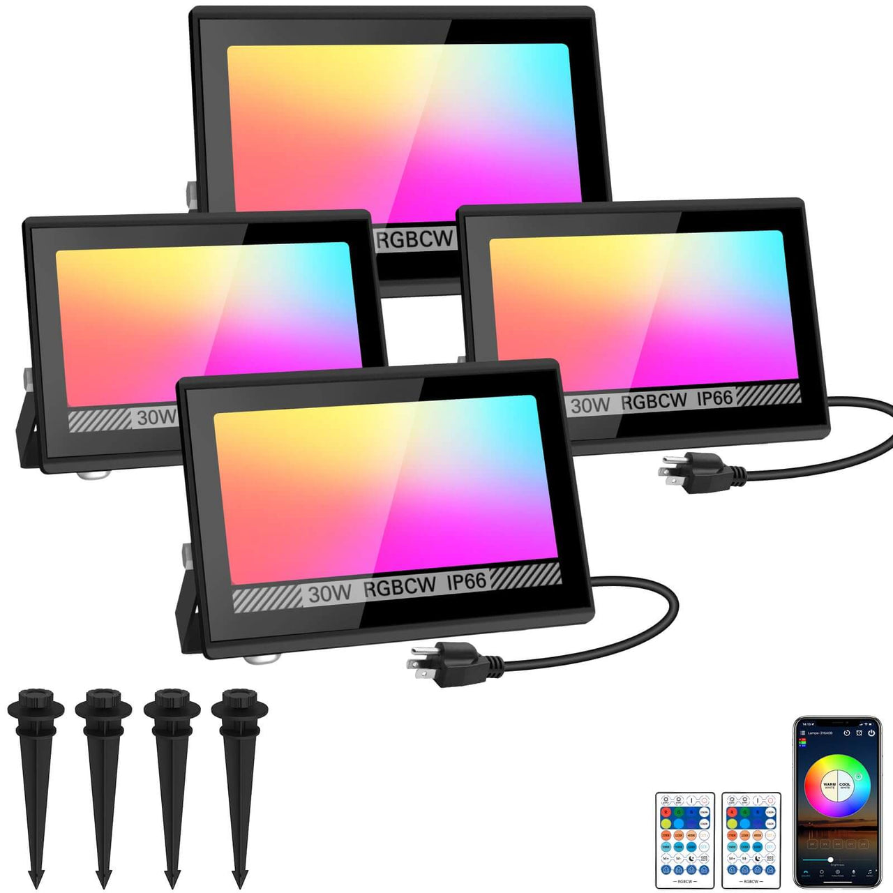 30W RGBCW Dimmable Outdoor Smart Lights Color Changing Flood Lights with Remote & APP Control
