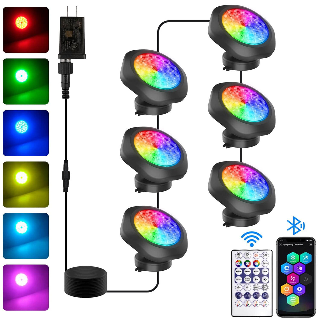 Bluetooth Submersible Pond Lights RGB IP68 Waterproof Fish Tank Lights 4/6/8 Lights