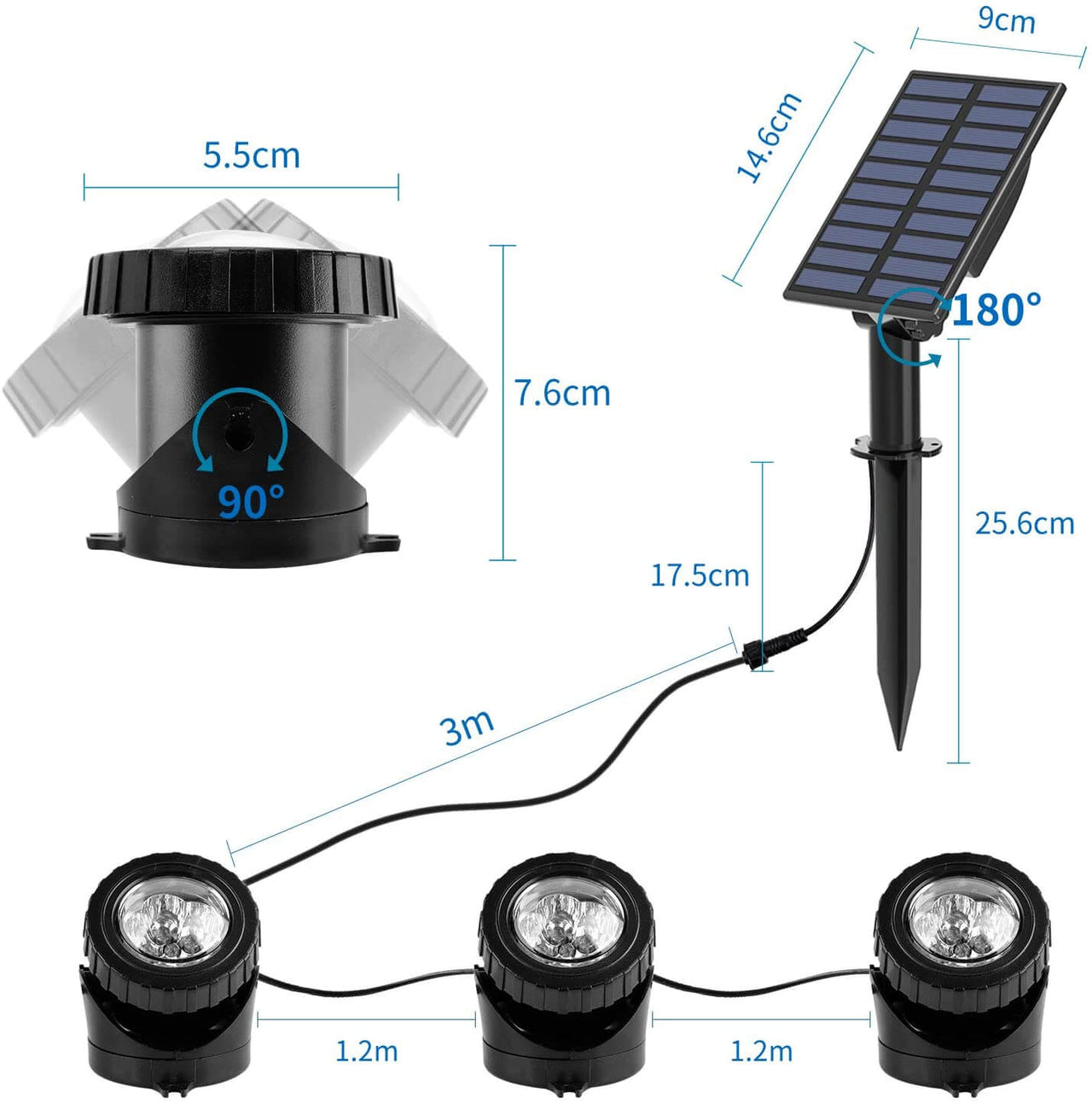 3 Heads Solar Pond Lights Size