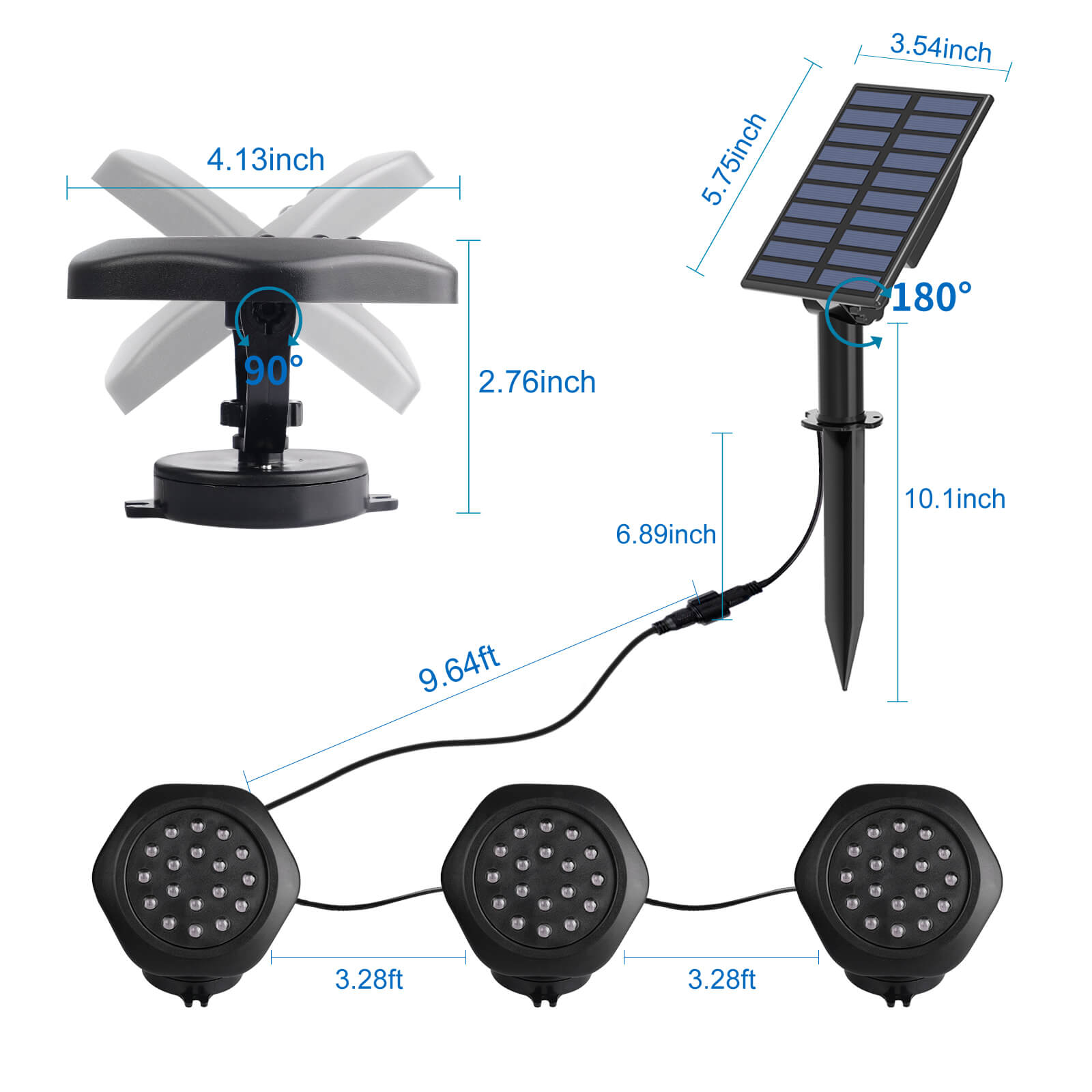 3 heads rgb solar powered pond lights size