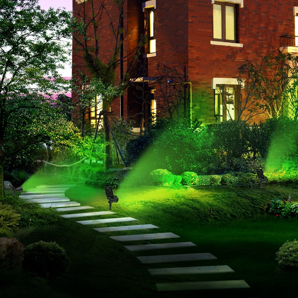 Green light illuminates the garden trees